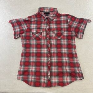 Tattoo Women's Red White Plaid Button Up Short Sleeve Size XL